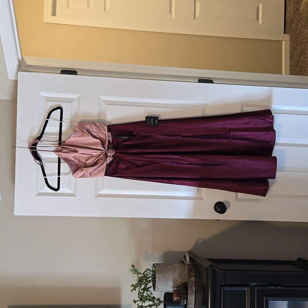 Lulu's Icon Update Burgundy Color Block Knotted Halter Midi Dress medium